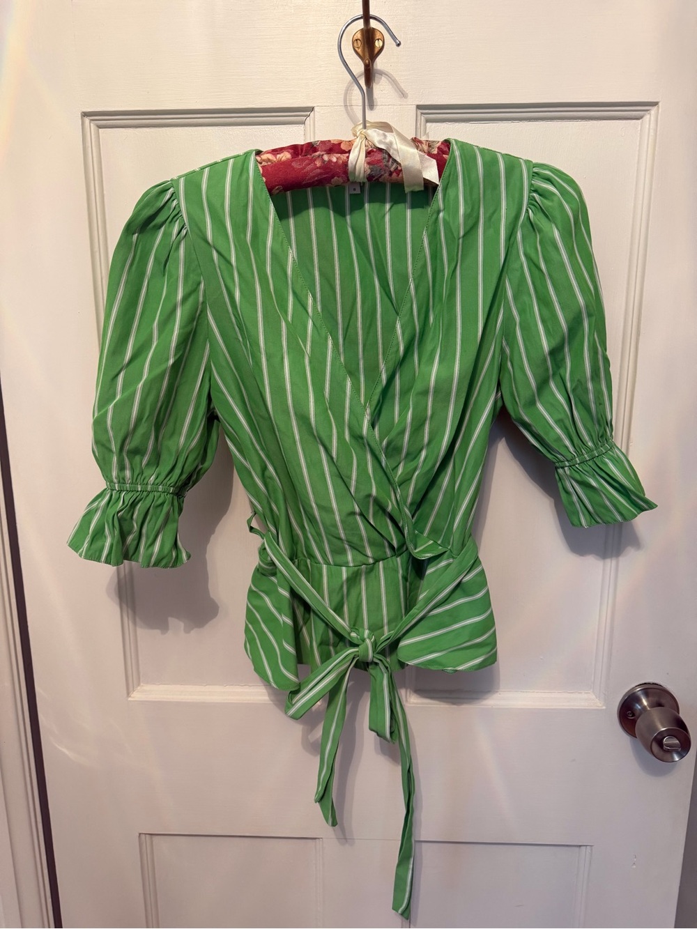 River Island Green and White Striped Wrap Blouse with Tie